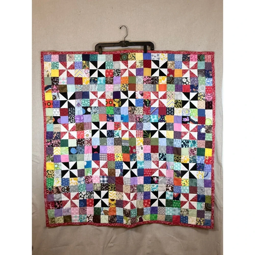 Handmade Patchwork Lap Quilt Multicolor Pinwheel Scrap Floral Cotton Throw 41x41